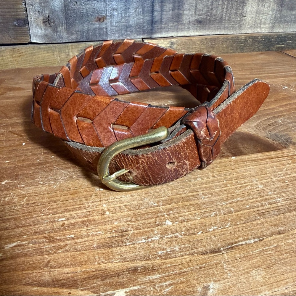 Vintage Brown Leather Braided Genuine Leather Belt Unisex Size 34